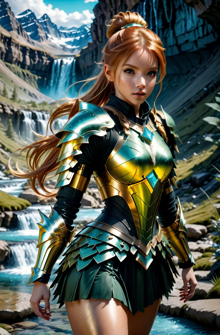 masterpice, photorealistic highly detailed 8k photography, best cinematic quality, <lora:HaDeS_Armor_XL_V2.0-000004:1> strawberry blonde ponytail girl in crstlhdsrmr chhdsrmr hlhdsrmr nhdsrmr, fighting stance, Enchanted Fairy Pools background