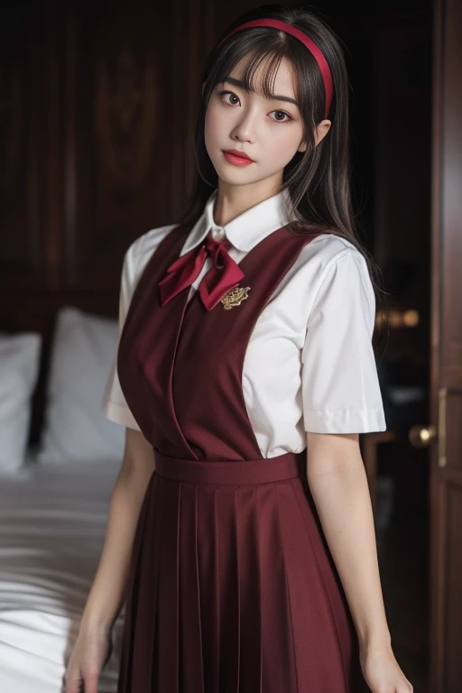 ultra-detailed,highly detailed,best quality,masterpiece,illustration,realistic,
school uniform, solo, 1girl,
hairband,collared shirt, pinafore dress, pleated skirt, long skirt, short sleeves, neck ribbon, badge,
standing,looking at viewer, \m/,cowboy shot, huge breasts,
side ponytail, very long hair, hair hair over shoulder, brown hair, bangs,
blurry background, photo background,indoors, bedroom,
<lora:school uniform__hnq_v1_05:0.7>