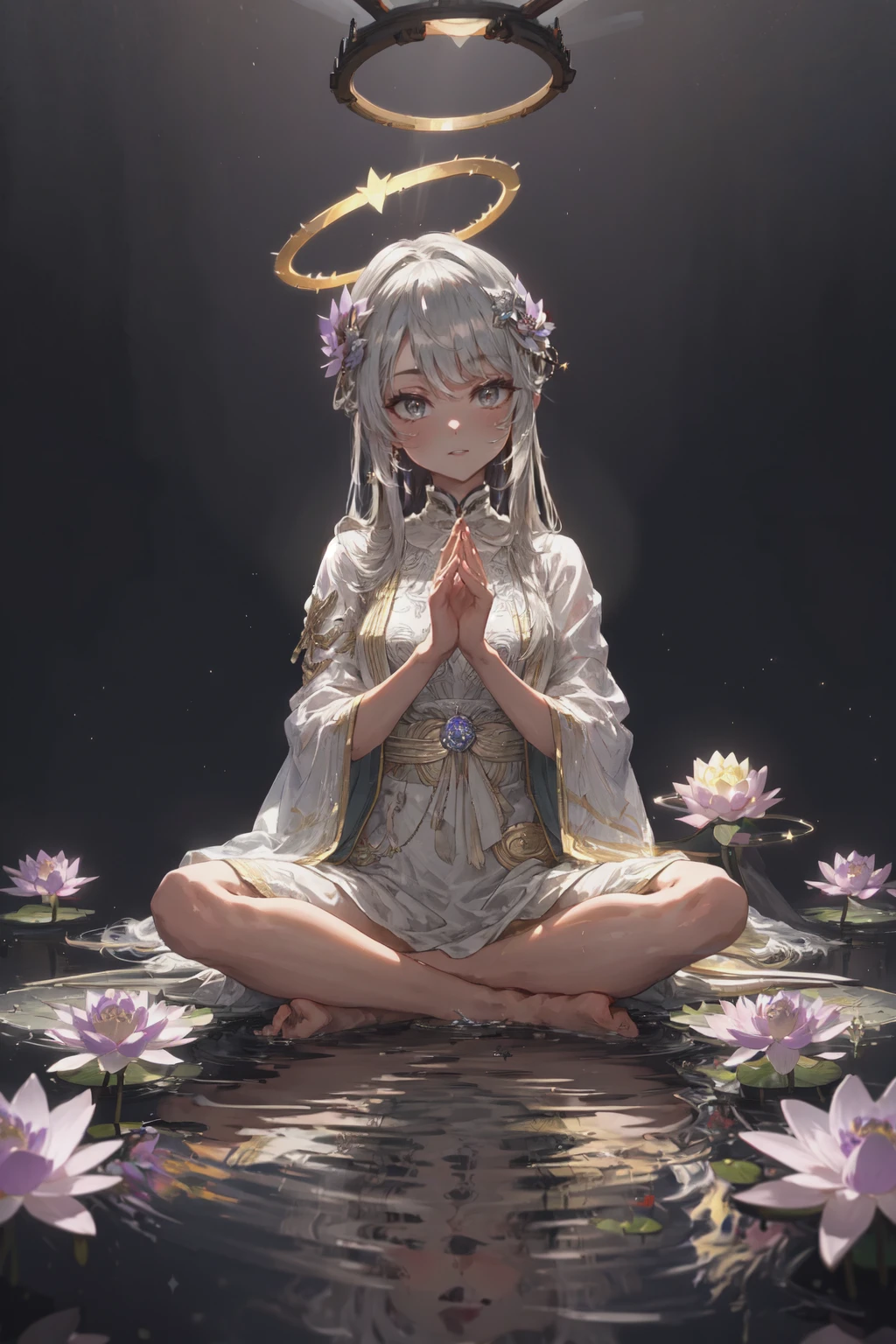 (masterpiece, best quality, detailed background, extremely detailed:1.4) BREAK  best quality, (vibrant colors:1.1), (silver:1.1), indian style, cross legged, mudra [meditation] BREAK 1girl, solo focus, smile, blush, looking at viewer, silver hair ornament, (halo:1.2), lotus, lotus flower base, lotus pedestal, reflection