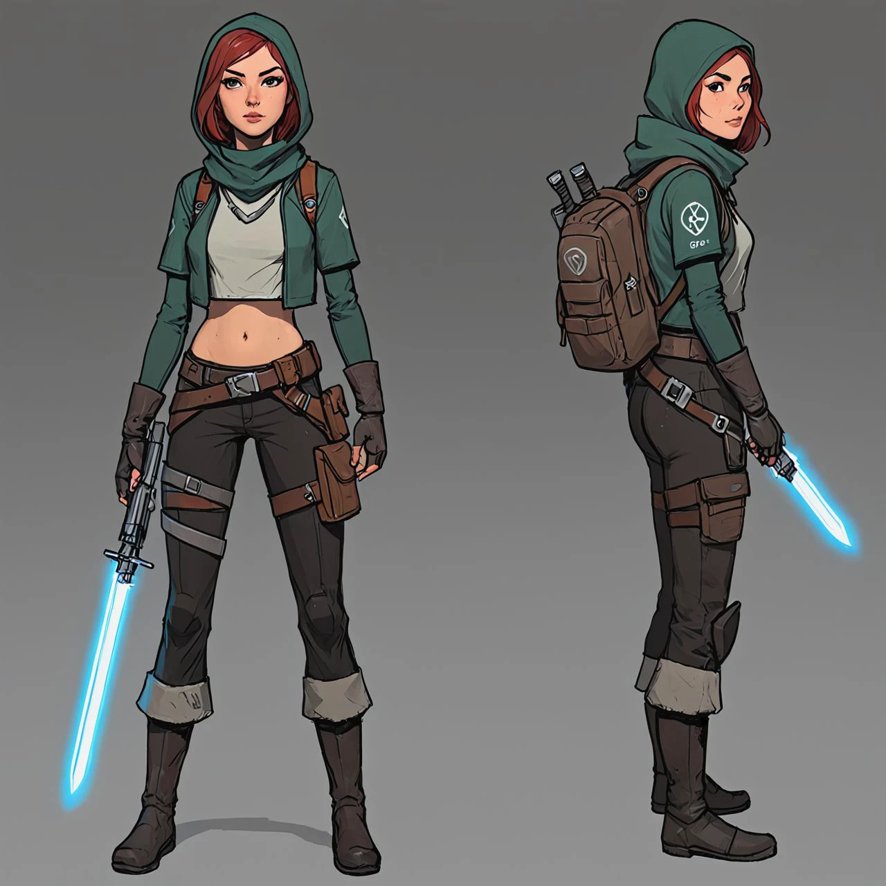 epic scifi rogue character concept holding weapon, hero pose