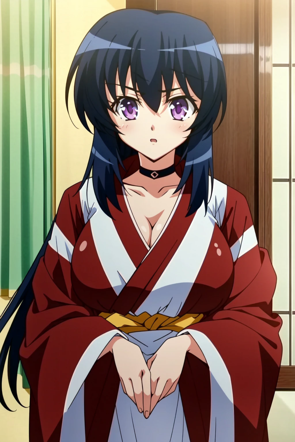 <lora:OGT_Himari_Noihara-v2:1> Himari Noihara, 1girl, solo, breasts, purple eyes, cleavage, choker, black hair, long hair, large breasts, japanese clothes, open mouth, :o, upper body adorable, slight smile, indoors, living room, standing, ((masterpiece)), ((Best Quality)), ((Extremely Detailed)), ((Ultra Quality)), ((8k))