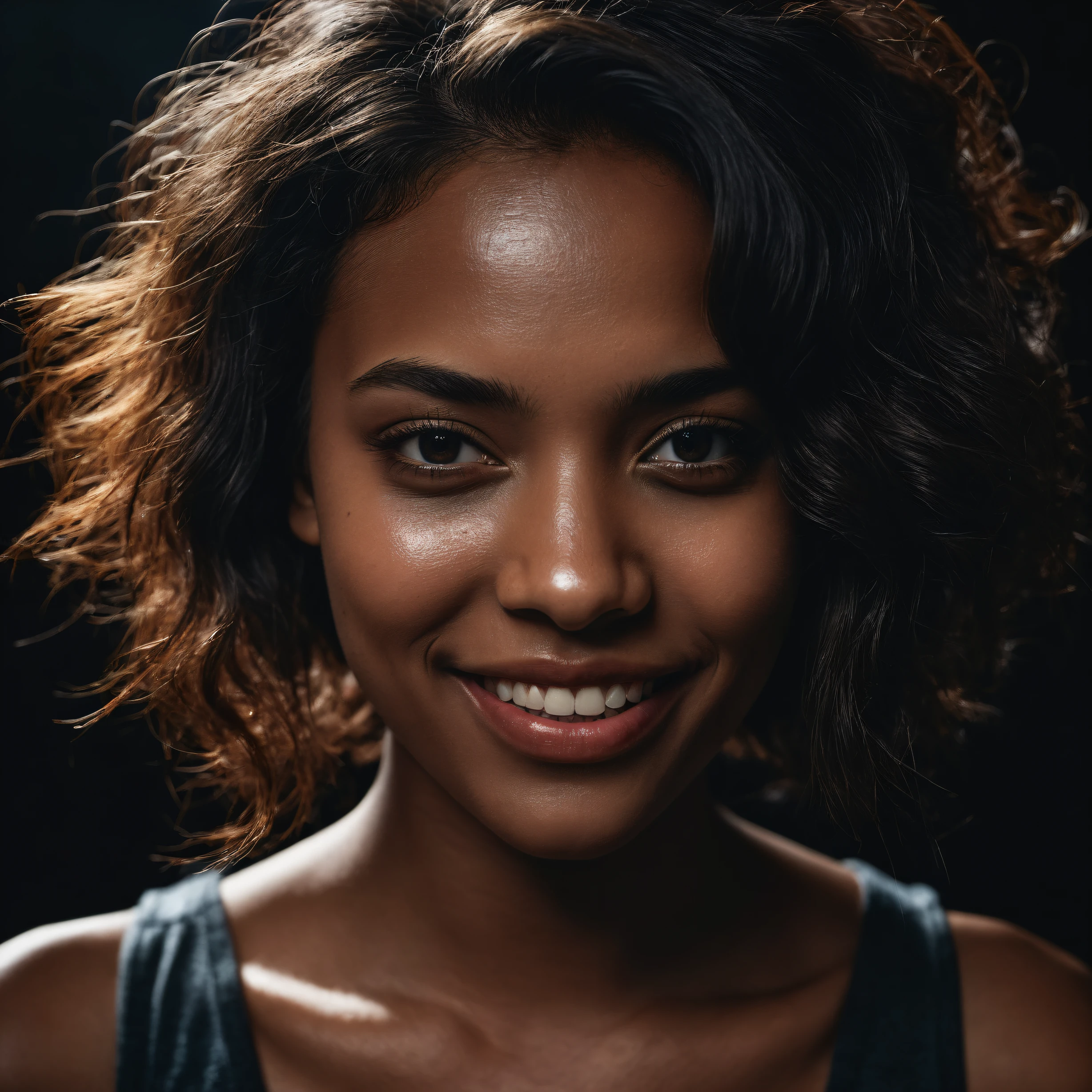 photoshoot, black background. (close-up, editorial photograph of a 21 year old woman), (highly detailed face:1.4) (smile:0.7) (background inside dark, moody, private study:1.3), POV, by lee jeffries, nikon d850, film stock photograph ,4 kodak portra 400 ,camera f1.6 lens ,rich colors ,hyper realistic ,lifelike texture, dramatic lighting , cinestill 800
, Shani from Tanzania, medium (chin-length:1.2) messy [black:.3] hair