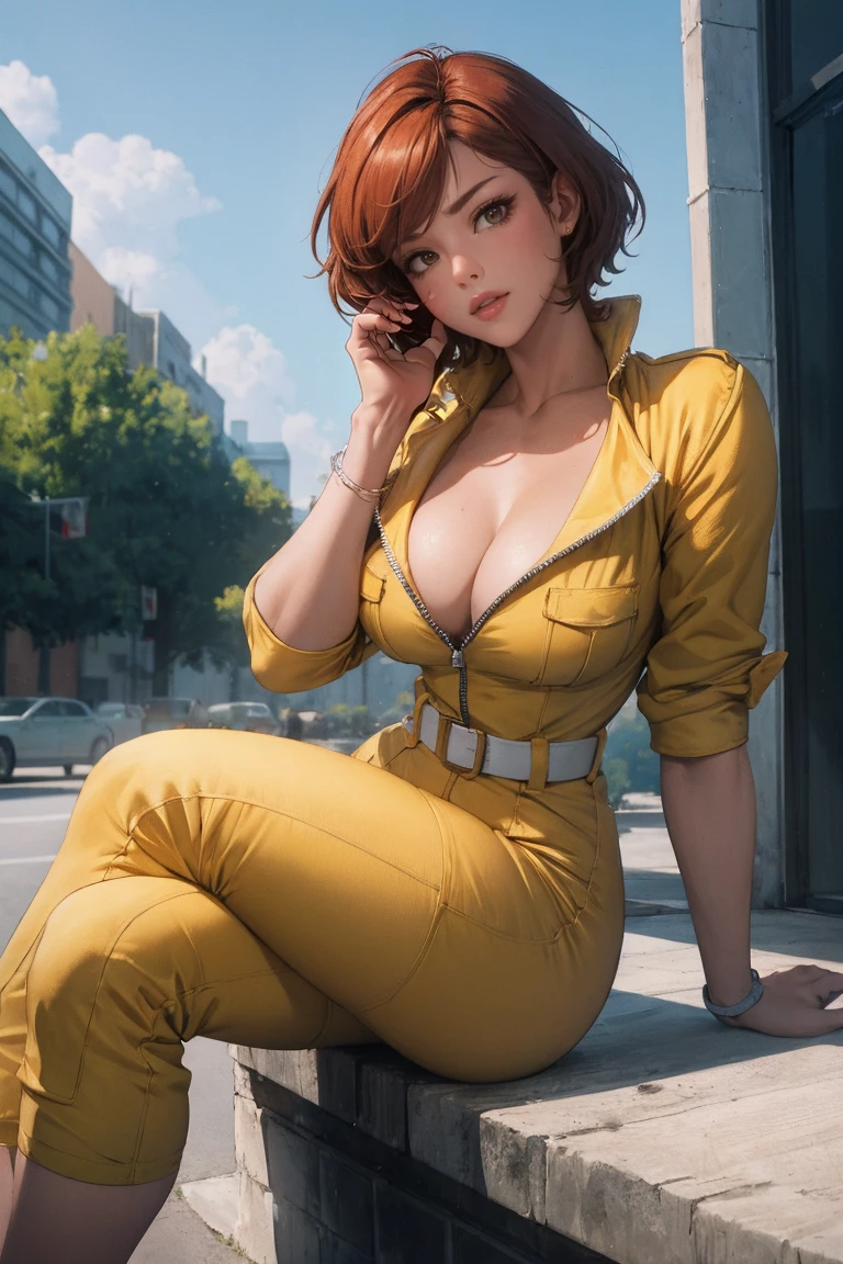 sitting,  
masterpiece, best quality, high quality, highres, outdoors, day,  looking at viewer, solo, focused, BREAK, 
CARTOON_April_ONeil_TMNT_ownwaifu, 
1girl, brown hair, short hair, breasts, brown eyes, large breasts, lips, makeup, collarbone, lipstick, 
cleavage, sleeves rolled up, yellow jumpsuit, watch, unzipped, zipper, white belt,
<lora:CARTOON_April_ONeil_TMNT_ownwaifu:1>