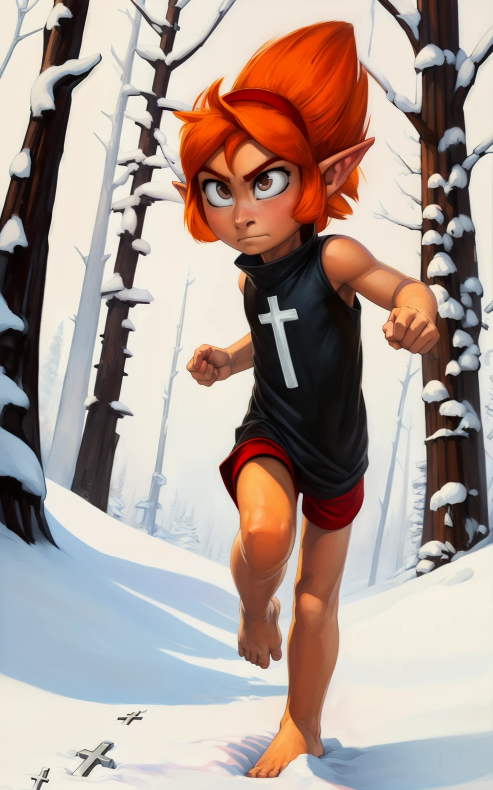 8k.4k,((Best quality, masterpiece, ultra high resolution)),((full body,barefoot)),running, by pixelsketcher,human, <lora:Elely:1.3>,elely, orange hair,red hairband, brown eyes, sleeveless,pointy ear, angry,featureless nose,layered clothing,baggy clothing,[red shorts],white background,cross,Winter forest