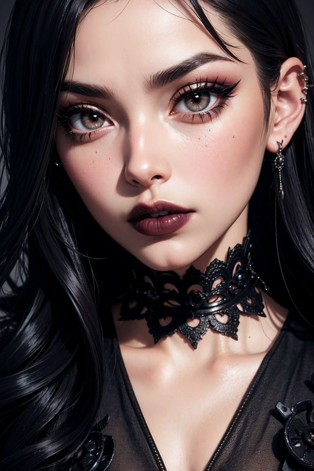 face close up, glamour photography of a random stylish goth girl, edgy vibe, dark, mascara, eyeliner, dark cheeks, Unique facial piercings with ornate jewelry, Round eyes, Dimples, Smoky eye makeup, Defined jawline, skin pores, shiny skin, grainy, harsh flash lighting, sepia tone