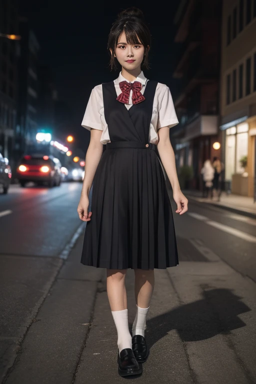 ultra-detailed,highly detailed,best quality,masterpiece,illustration,realistic,
school uniform, solo, 1girl, 
hair ribbon,collared shirt, pinafore dress, pleated skirt,  long skirt, short sleeves, socks, loafers, bowtie, 
standing,looking at viewer,  \m/, full body, 
black hair,hair bun, short hair, brown hair, bangs, 
blurry background, outdoors, photo background, night,city lights, 
<lora:school uniform__hnq_v1_05:0.7>