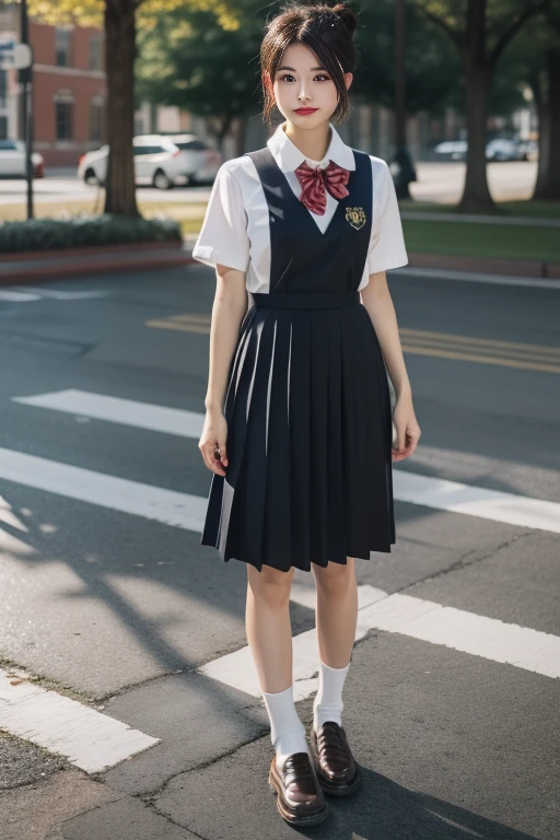 ultra-detailed,highly detailed,best quality,masterpiece,illustration,realistic,
school uniform, solo, 1girl,
hair ribbon,collared shirt, pinafore dress, pleated skirt, long skirt, short sleeves, socks, loafers, bowtie,
standing,looking at viewer, \m/, full body,
black hair,hair bun, short hair, brown hair, bangs,
blurry background, outdoors, photo background, day, school,playground,
<lora:school uniform__hnq_v1_05:0.7>