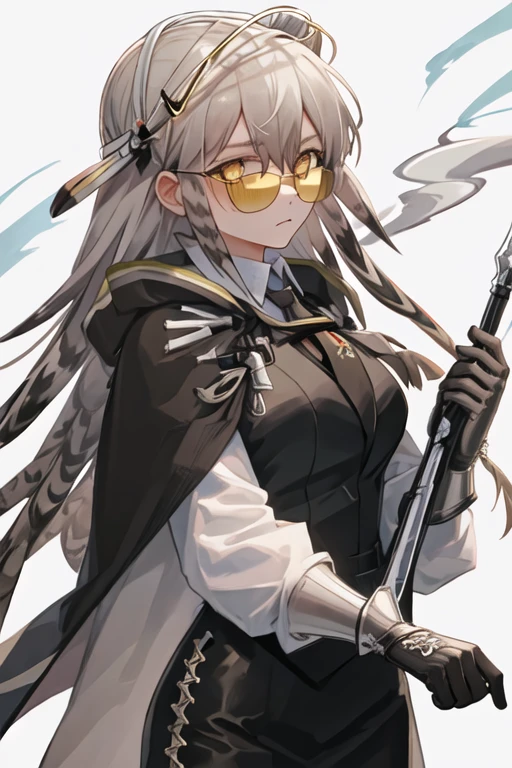 best quality, masterpiece, highres, solo, {black business suit:1.40}, {tie:1.20}, {sunglasses:1.25}, {white gloves:1.15}, {white shirt:1.10}, {black skirt:1.15}, {smoking:1.20}, handsome, {fartooth_arknights:1.15}, long_hair, yellow_eyes, grey_hair, feather_hair, bangs, breasts, cape, closed_mouth, gauntlets, black_cape, brown_hair, bright_pupils, upper_body, medium_breasts, hair_between_eyes