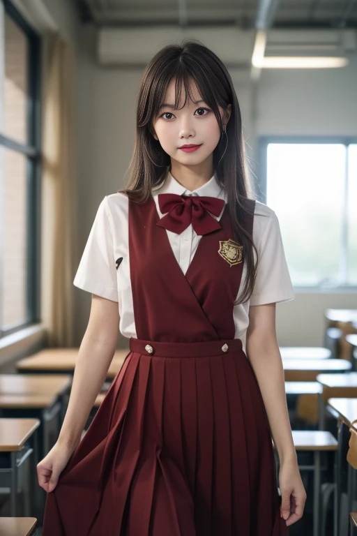 ultra-detailed,highly detailed,best quality,masterpiece,illustration,realistic,
school uniform, solo, 1girl,
red dress,hair ribbon,collared shirt, pinafore dress, pleated skirt, long skirt, short sleeves, bowtie,
standing,looking at viewer, \m/,cowboy shot,
black hair, very long hair, hair hair over shoulder, brown hair, bangs,
blurry background, photo background,indoors,school, classroom,
<lora:school uniform__hnq_v1_05:0.7>