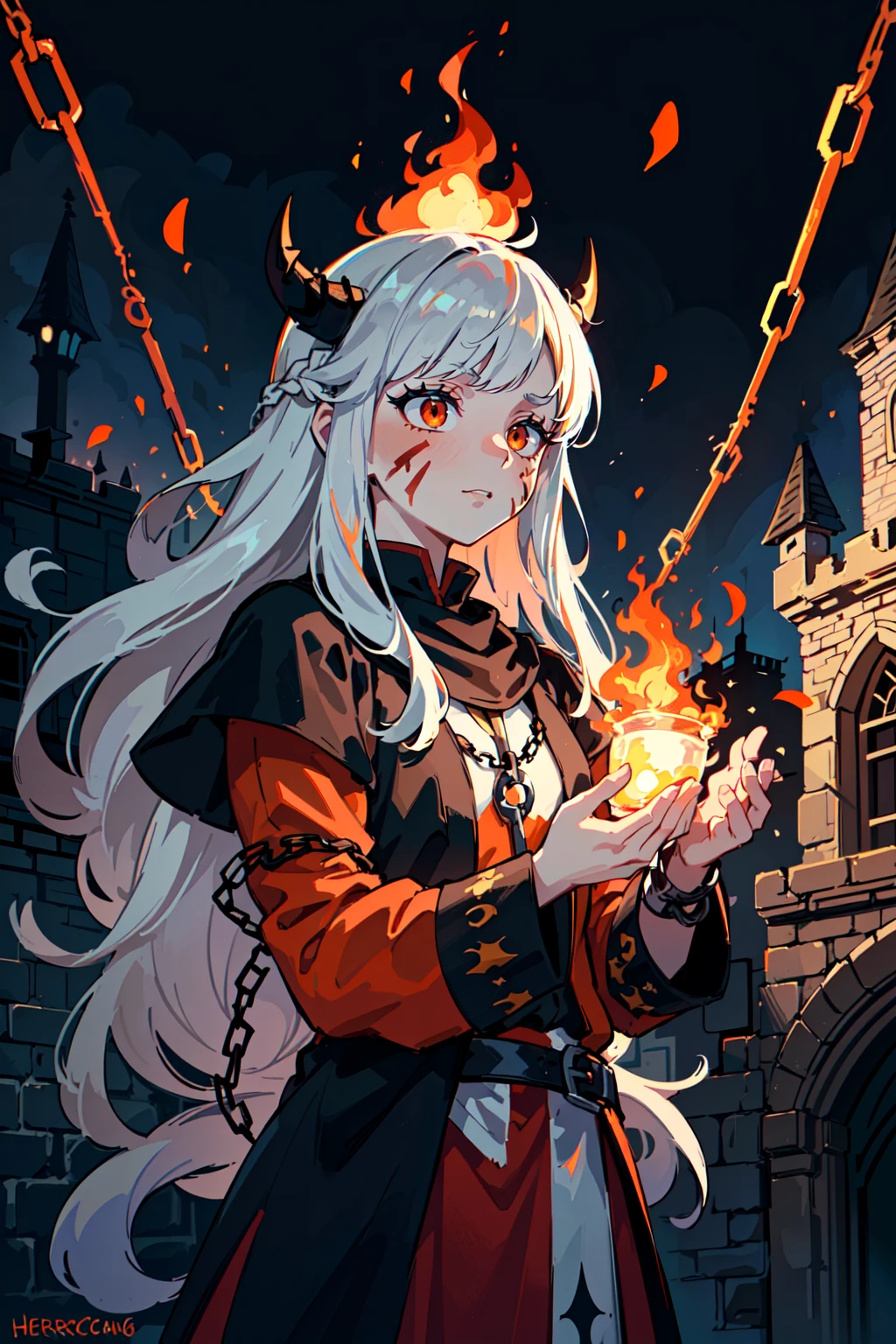 (best quality, masterpiece:1.1),   cowboy shot,   (facing up:1.2),  (1female), seduced face, silver hair, absurdly long hair, spiked hair,   braid,     (cultist, heretic, barbarian, voodoo:1.3), (red facepaint), traditional clothes, horror (theme), (spikes, chains:1.2), animal skull, heresy, indian, cultural, ( (in castle) , castle, sunset, scattered flame, fire, (red particles, orange particles, burn, burning), (fantasy, medieval, ancient)),
