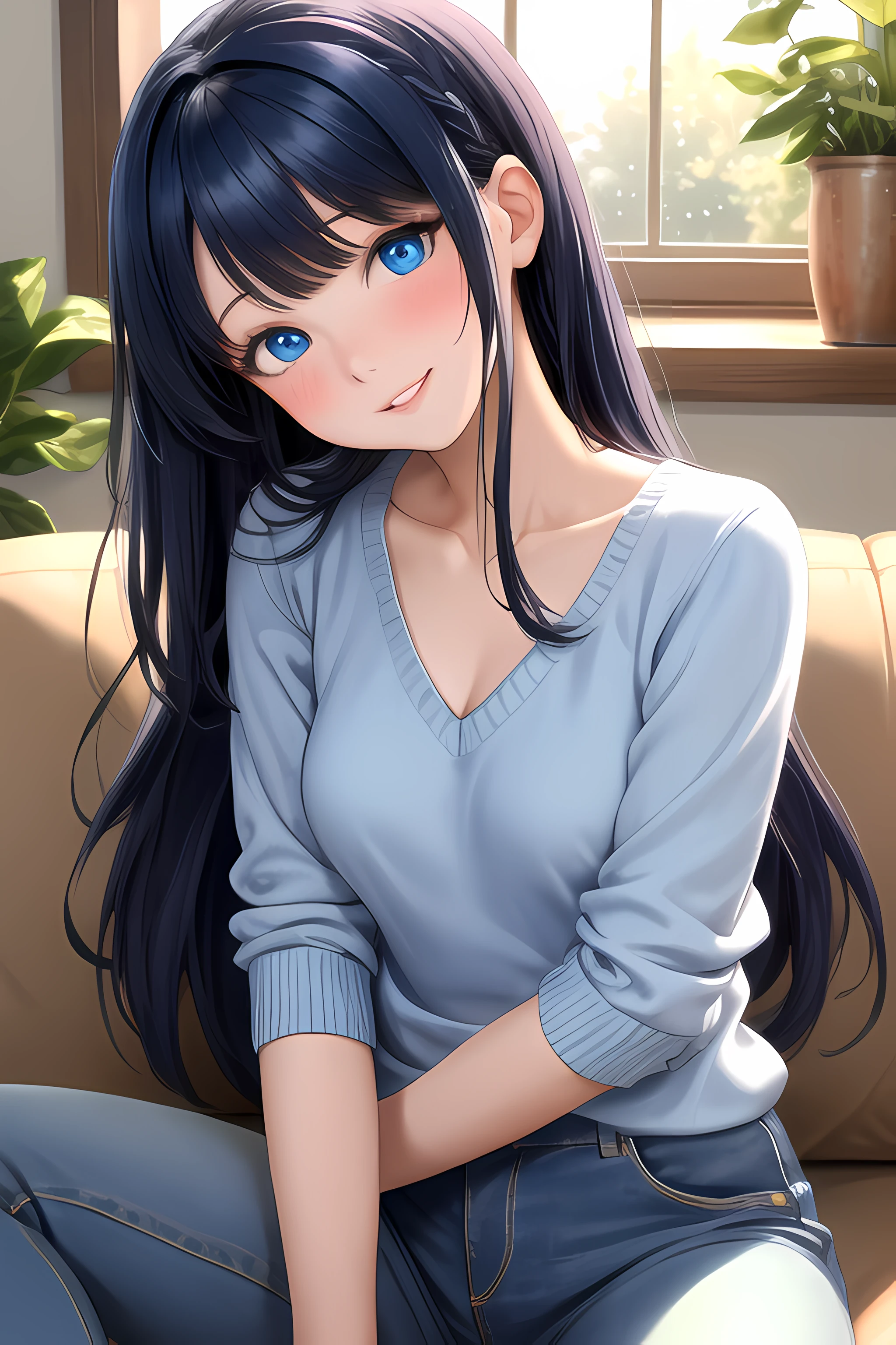 (masterpiece, best quality), 1girl, solo, dark blue hair, very long hair, straight hair, blunt ends, asymmetrical bangs, blue eyes, medium breasts, toned, indoors, couch, casual, blush, head tilt, parted lips, light smile, looking at viewer, close-up, day, light rays, light particles, sitting, reclining, vase, flower, cushion, sweater, v-neck, jeans, sexually suggestive