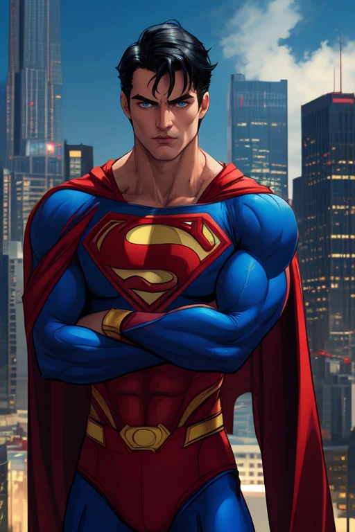 1boy, superman, abs, bara, black hair, blue bodysuit, blue eyes, bodysuit, cape, closed mouth, crossed arms, large pectorals, male focus, muscular, muscular male, pectoral lift, pectorals, red cape, short hair, outdoors, skyscrapers, solo, superhero, upper body , ((masterpiece)),
