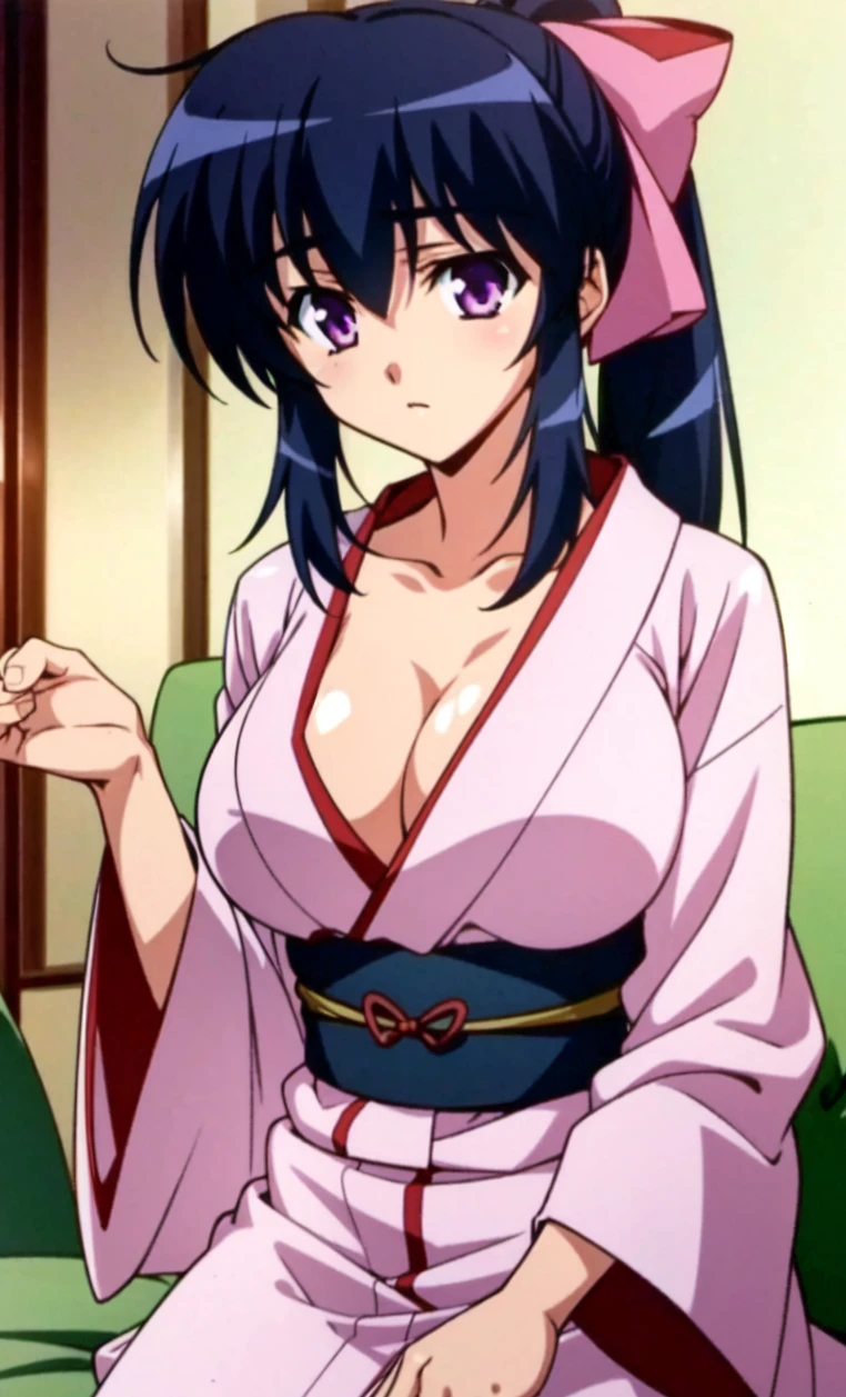 <lora:OGT_Himari_Noihara-v2:0.8> Himari Noihara, 1girl, breasts, solo, japanese clothes, cleavage, black hair, purple eyes, large breasts, kimono, long hair, ponytail, pink kimono, bow, downblouse, indoors, living room, couch ((masterpiece)), ((Best Quality)), ((Extremely Detailed)), ((Ultra Quality)), ((8k))