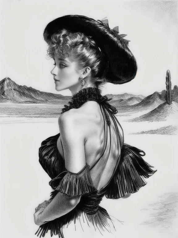 drawing by g1bs0n  <lora:cdg_v3:1>, from behind, closeup of action pose, StacyHiggins  having fun, (dancing in a crowd at Burningman), [wearing a  ((macrame) backless halter flared jumpsuit), fringes, tassels, flat  abs, small waist, big breasts, full bust,  round ass, bare arms,  hat, dangling necklace, jewelry,  dilated pupils] , people  and desert art in background, drawing by Charles Dana Gibson   <lora:roundassv1:0.4>  <lora:burner_style_v1:0.4> <lora:add_detail:2>