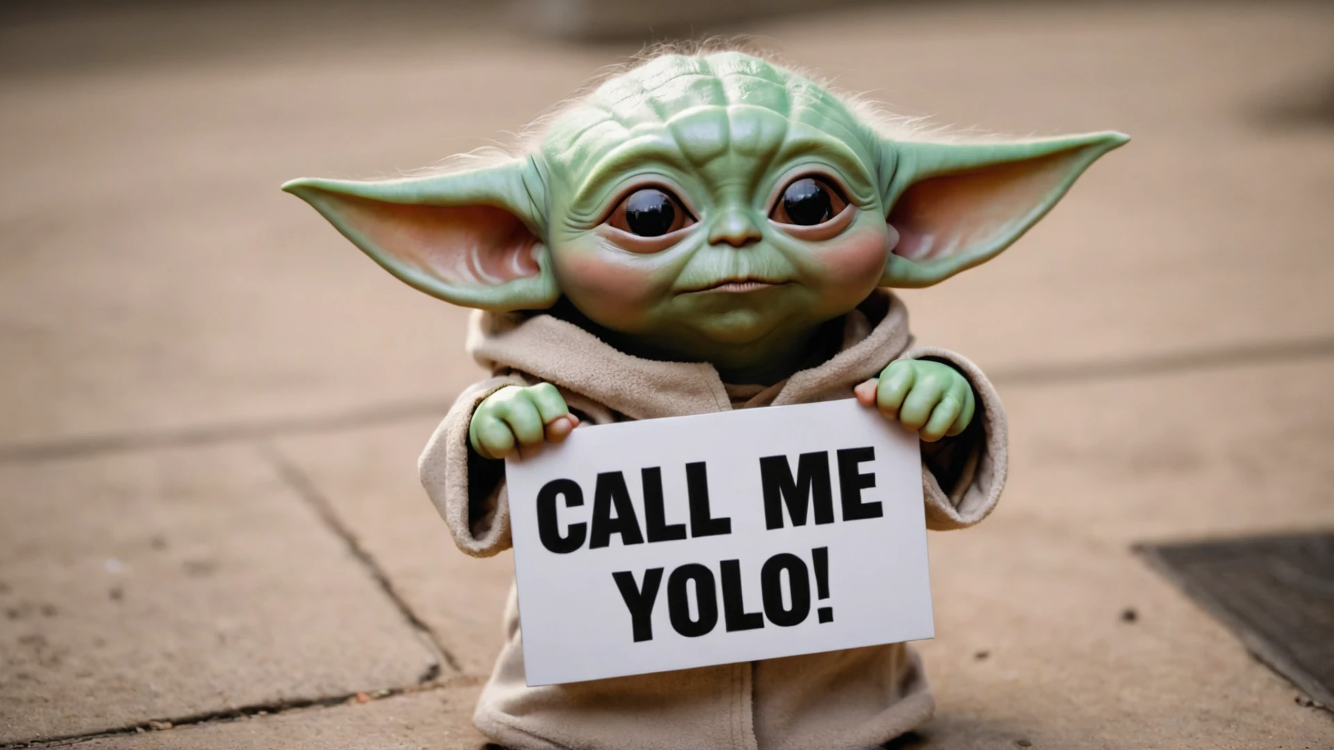 Photo of baby yoda with a sign that says "Call me YOLO"