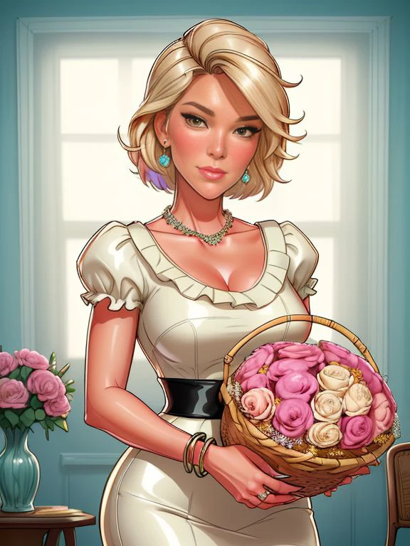 Megyn Kelly , sketch style outfit, accessories to complete the look might include vintage-style jewelry, a woven basket, and a bouquet of flowers , __jumbo/places/home__
glossy skin,  smooth skin,