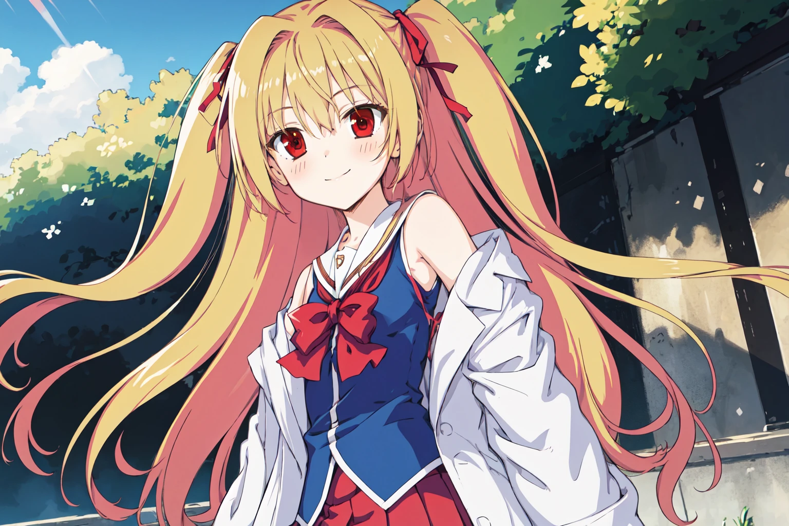 <lora:nikaidou_shinku02:0.7:lbw=KoChar>,nikaidou shinku,1girl, best quality,red eyes, red pleated skirt,two side up, hair ribbon, blue shirt,labcoat, school uniform,bare shoulders, outdoors,light smile,