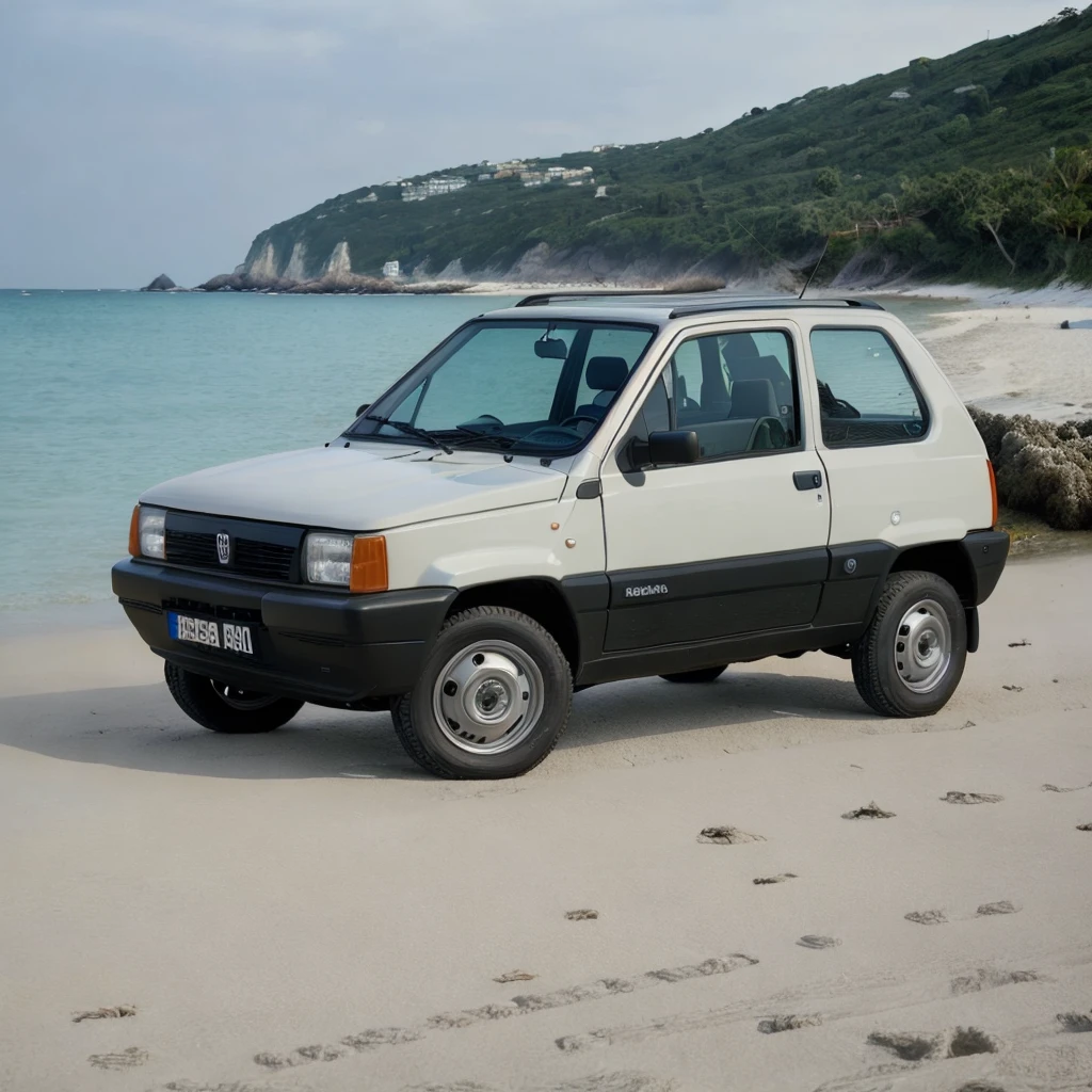 a Fiat Panda on a beautiful beach, extremely detailed, detailed background <lora:fiat_panda:0.6>