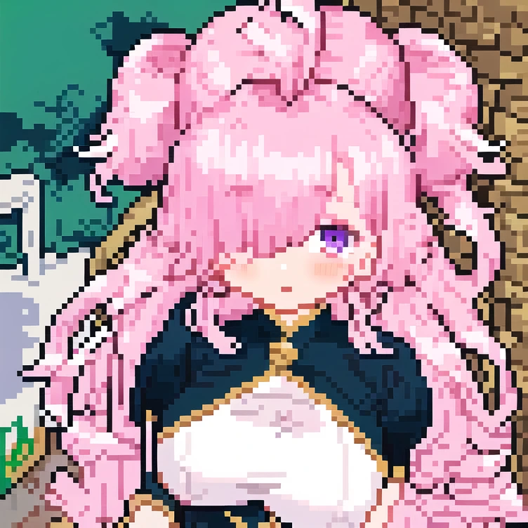 pixel art, 1girl, large breasts, pink hair, large hair, hair over eyes