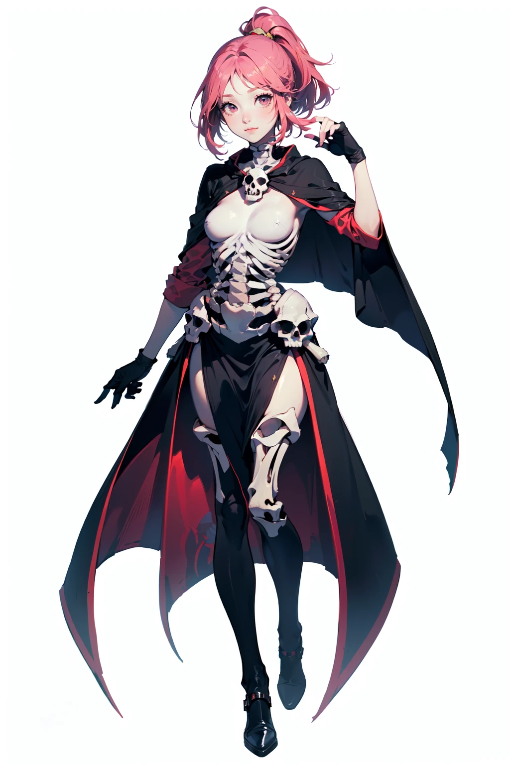(best quality, masterpiece:1.1), <lora:Better light:0.5>, full body, (1female), easygoing face, pink hair, short hair, pointy hair, split ponytail, (bone and skull, skeleton girl:1.2), wizard cloak, (wizard), (maroon clothes), (fantasy, medieval, ancient), (white background:1.3),