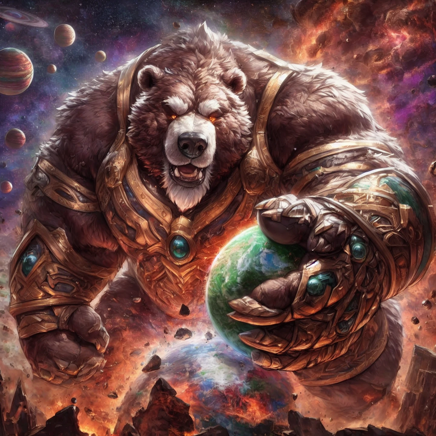 bear, macro, terra macro, musclegut, space, cosmic background, planet, planet destruction, punch, smashing, crush, shrunken planet, earthquake, lava, thick arms, thick thighs, fire eyes, glowing eyes
<lora:macrobearv3.1:0.8>, digital drawing (artwork), raytracing, 4K UHD, high detail, vibrant, vivid, artistic, dark fantasy, raytracing, detailed background, realistic, detailed