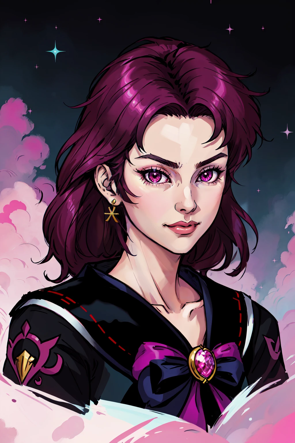 jahn's mra warrior x â android game hack, mod, in the style of geisha portraits, sailor moon manga style, light black and magenta, caricature-like illustrations, celestialpunk, vivid portraiture, manticore, outdoors, ireland, 1girl, solo