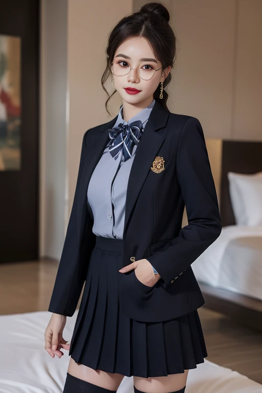 ultra-detailed,highly detailed,best quality,masterpiece,illustration,realistic,
school uniform, 1girl, solo, cowboy shot,
collared shirt,striped bowtie, blazer, jacket, long sleeves, pleated skirt,buttons,badge, thighhighs, high heels,
indoors, photo background, blurry background, bed,
long hair, parted bangs, hair bun, semi-rimless eyewear,
<lora:school uniform_xzjk_v1_07:0.7>