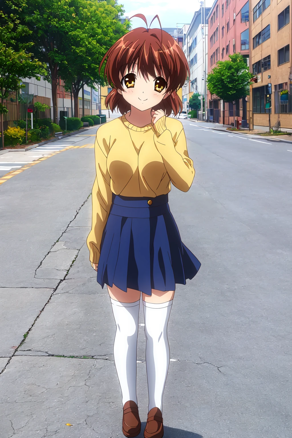 (masterpiece, best quality, highres:1.2), outdoors, street,
1girl, full_body, furukawa nagisa, solo, ahoge, standing, sweater, white thighhighs,
looking_at_viewer, smile, <lora:nagisa_V20:0.8>