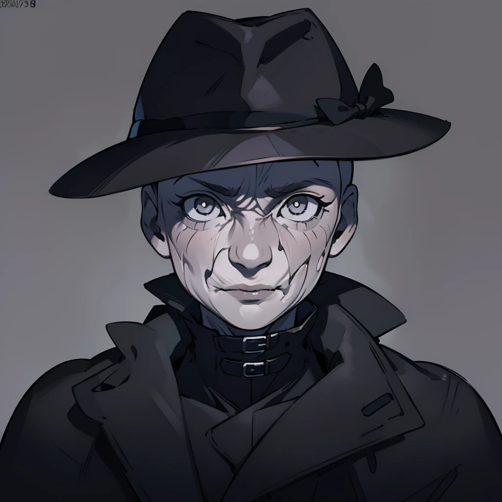 Best_QualityPos, RAW photo, intricate details, best quality, 8k uhd, soft lighting, 1girl, solo, hat, black coat, grey eyes, bald, wrinkled skin, grey skin <lora:mr._x-000003:0.7>