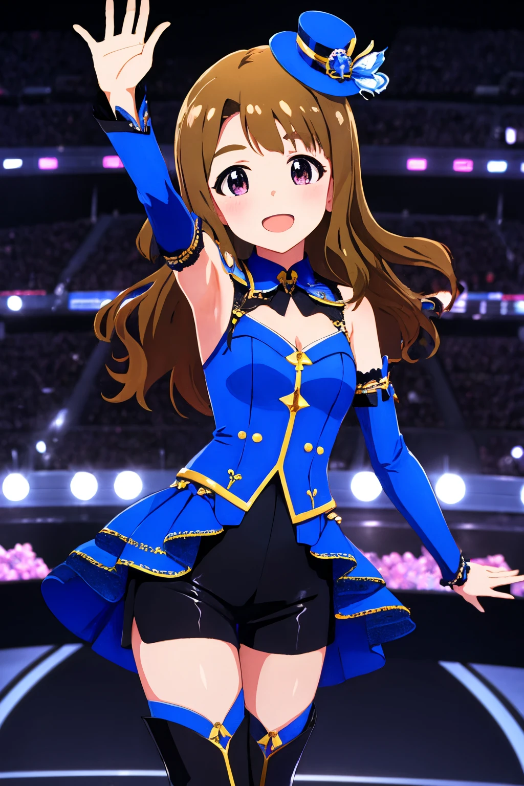 miyao miya, frills, armpits, open mouth, smile, cleavage, high heel boots, blue headwear, thigh boots, concert, live, legs apart, mini hat, detached sleeves, looking at viewer, blue footwear, blue dress, 1girl, arm up, idol, standing, thighhighs, black shorts, short shorts <lora:miyao_miya_locon:0.8> <lora:fingers4civitai:1:1:lbw=OUTALL>