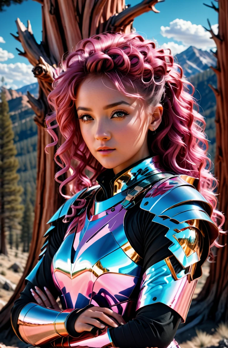 masterpice, photorealistic highly detailed 8k photography, best cinematic quality, <lora:HaDeS_Armor_XL_V2.0-000004:1> pink curly hair girl in crstlhdsrmr nhdsrmr, crossed arms, Ancient Bristlecone Pine Forests background