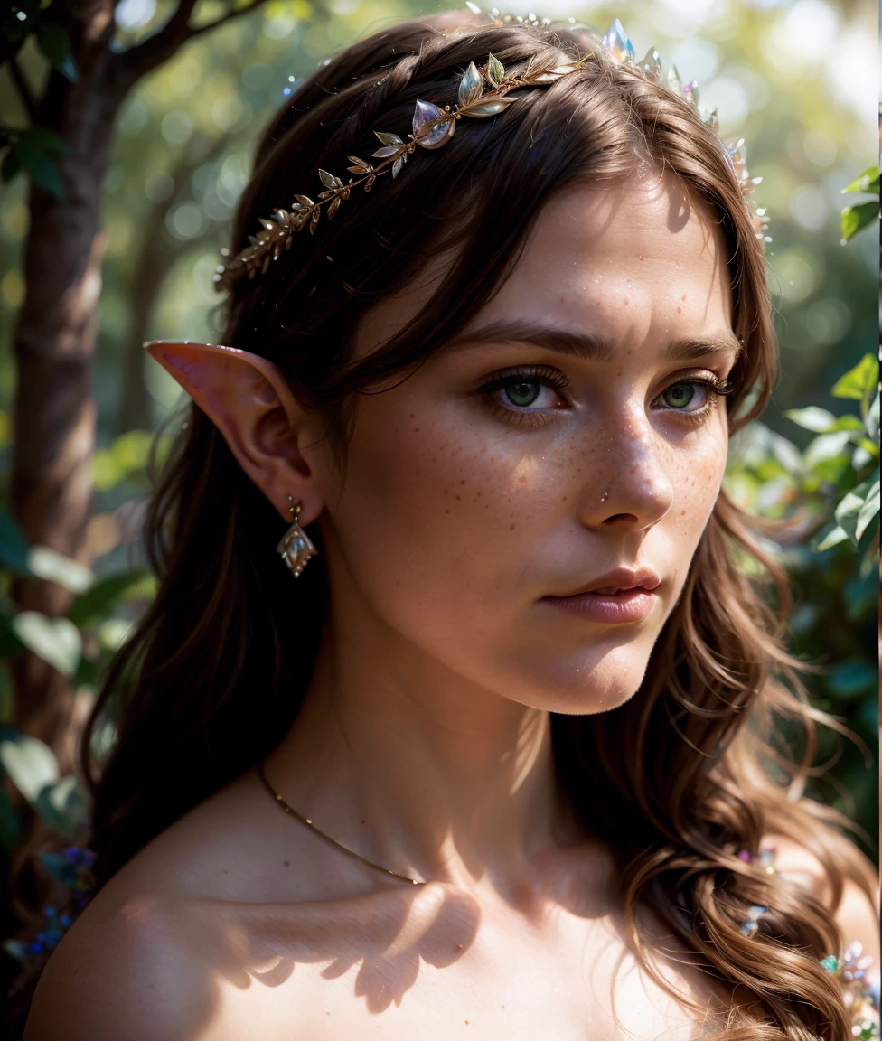 Detailed and realistic portrait of a gorgeous beautiful elf bjd doll (woman elf) , ornate crystal, maid with a few freckles, long wavy blonde, disheveled hairs, multicolor mesmerizing eyes, dark fluffy dress, soft natural lighting, portrait photography, magical photography, dramatic lighting, photo realism, ultra-detailed, intimate portrait composition, flowers in background, Leica 50mm, f1. 4, by greg rutkowski alphonse mucha wlop, dress, photo, HD, 8K , realistic, HD, intricate, 8k, highly detailed,fun, sharp focus <lora:CrystallineAI-000009:1> <lora:ornate:1>
