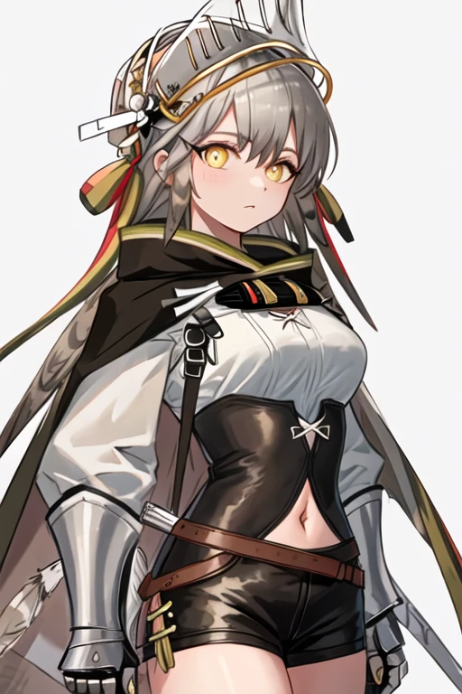 best quality, masterpiece, highres, solo, {fartooth_arknights:1.15}, long_hair, yellow_eyes, grey_hair, feather_hair, bangs, breasts, cape, closed_mouth, gauntlets, black_cape, brown_hair, bright_pupils, upper_body, medium_breasts, hair_between_eyes, 1girl, bare_shoulders, hat, looking_at_viewer, sleeveless, white_headwear, shirt, jacket, midriff, skirt, crop_top, holding, navel, shorts, white_skirt