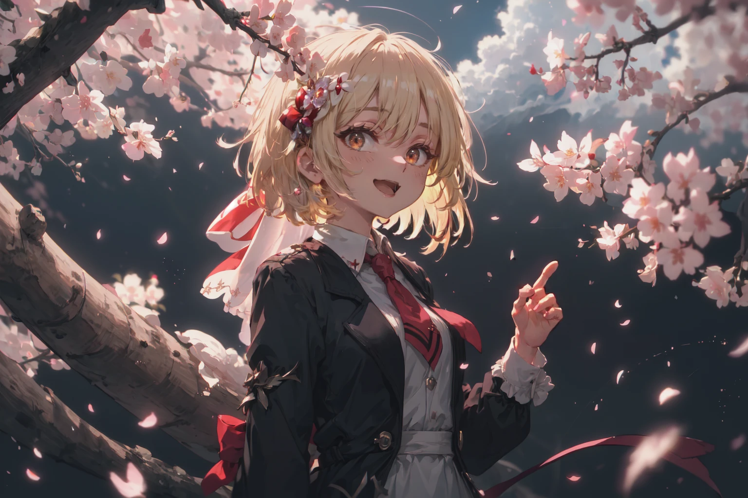 (masterpiece, best quality, detailed background, extremely detailed:1.4) BREAK 1girl, solo, (rumia, dress, red ascot, bow, short hair, :d, black fang, hair bow, spread arms, red eyes, bangs, collared shirt, red ribbon, ribbon, vest, long sleeves, skirt set, white shirt, black vest, darkness, necktie, shoes, hair ribbon, ascot, outstretched arms, blonde hair,:1.3), looking at viewer, sparkle, blush, upper body, claw pose, smile BREAK scenery, outdoors, sakura, cherry blossoms, falling petals, petals, cloud, sky BREAK depth of field, chromatic aberration, sidelighting, backlighting