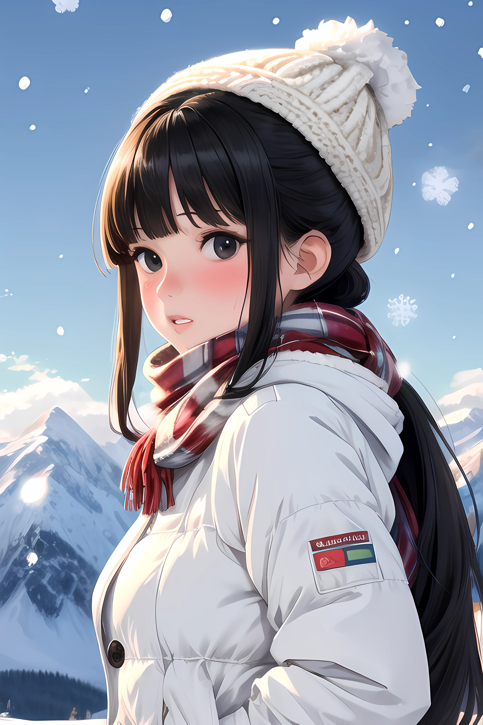 (masterpiece, best quality), 1girl, solo, black hair, long hair, straight hair, blunt ends, high ponytail, blunt bangs, black eyes, medium breasts, toned, mountain, winter, snow, snowing, snowflakes, winter clothes, nose blush, parted lips, breath, cloudy sky, scarf, woollen cap, hands in pockets, from side, looking at viewer, upper body,