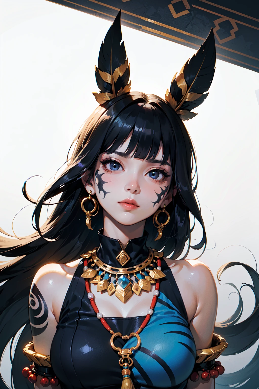 (best quality, masterpiece:1.1), upper body, (facing up:1.2), (1female), arrogant face, black hair, long hair, blunt bangs, pixie cut, blue african clothes, hair ornaments, jewelry, (tribe, tribal:1.2), ((graffiti on character:0.3), (Ink swirling around the character:1.2)),