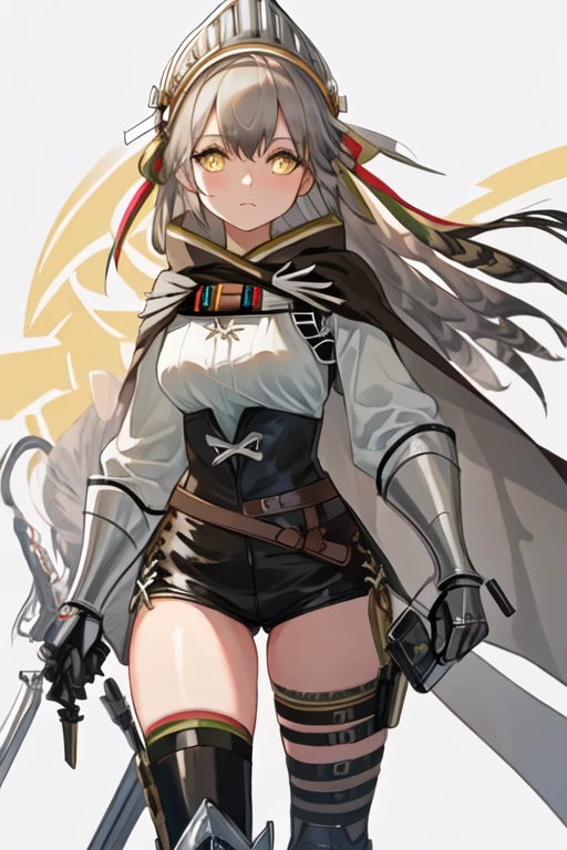 best quality, masterpiece, highres, solo, {fartooth_arknights:1.15}, long_hair, yellow_eyes, grey_hair, feather_hair, bangs, breasts, cape, closed_mouth, gauntlets, black_cape, brown_hair, bright_pupils, upper_body, medium_breasts, hair_between_eyes