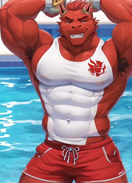 solo, bara red dragon, tank top, shorts, shirt, smirk, lifeguard, extreme detail, masterpiece, hi res, high detail, detailed eyes, detailed hands, full body picture, swimming pool background