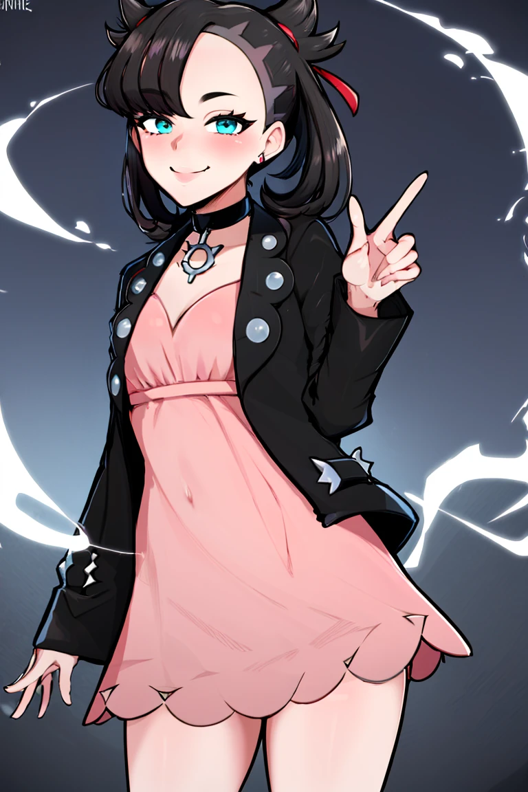 <lora:afrobull_style:0.8>, , ((masterpiece,best quality)), absurdres, <lora:Marnie_Pokemon_Dim32:0.8>, Marnie_Pokemon, aqua eyes, black choker, red ribbon,  jewelry, pink dress, black jacket, open clothes, long sleeves, solo, smiling, looking at viewer, cowboy shot,  ,