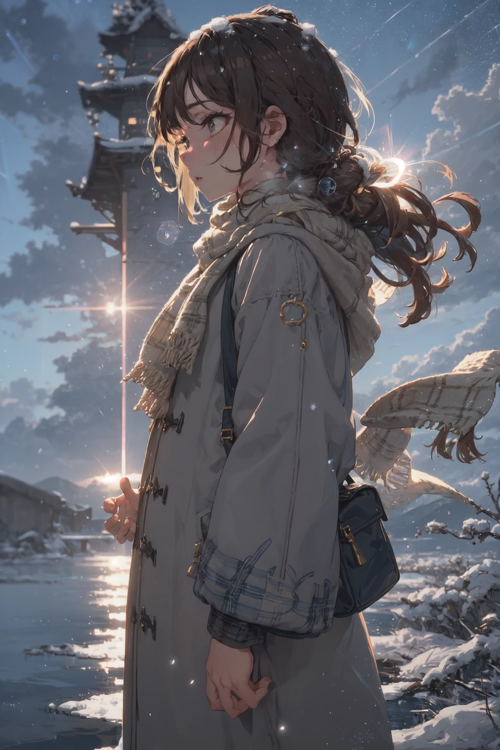 masterpiece, best quality, extremely detailed, detailed background, detailed face, BREAK 1girl, solo, scarf, outdoors, sky, bag, long hair, coat, winter, brown hair, snow, cloud, scenery, snowing, breath, shoulder bag, long sleeves, blue coat, horizon, standing, bokeh, yellow scarf, ocean, winter clothes, profile, bangs, plaid scarf, floating hair, lens flare, from side, blue sky, plaid, cloudy sky, blurry, wind