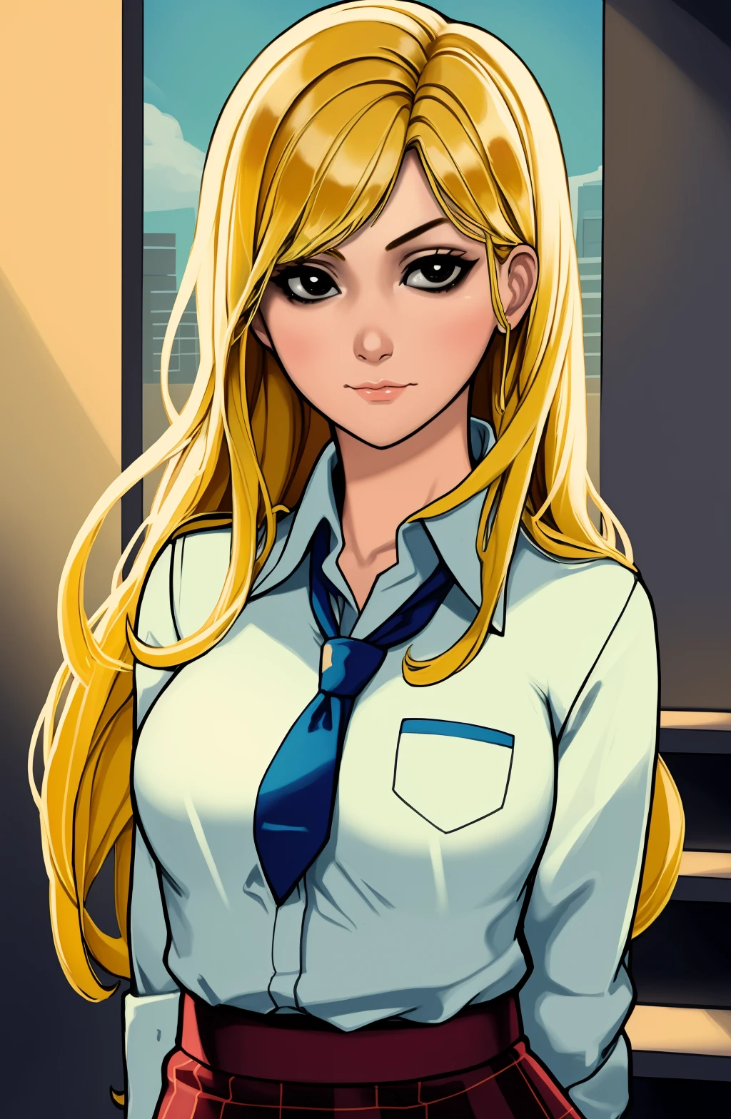 masterpiece, 1girl, black eyes:1.5, nose, blonde hair, medium breasts:1.5, two-tone hair, eyeliner, closed mouth, looking at viewer, long hair, wearing a highschool uniform, plaid skirt, background: school staircase, windows, solo, (((upper body))), <lora:Reinbach Style:1>