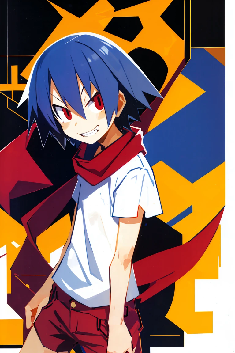 <lora:Harada_Takehito_v2_Repeats5:0.8>, , ((masterpiece,best quality)), absurdres,
1boy, solo,
short blue hair, evil smile, smug, upper teeth, red eyes, white shirt, red shorts, red scarf,
looking at viewer, cowboy shot,