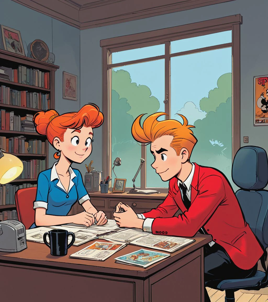 belgian comic strips, spirou, uderzo style, giraud style, pannel layout, friend zone, concept art, a man and woman sitting at a desk, 8 k, detailed 2d illustration, illustration, digital illustration, official illustration, illustrative, painterly, matte painting, highly detailed