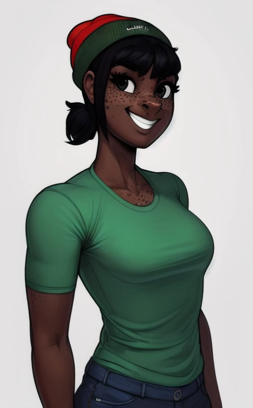 8k.4k,((Best quality, masterpiece, ultra high resolution)),((full body)),standing, by pixelsketcher, <lora:Skyla:1>,skyla,freckles, dark skin, dark-skinned female,black hair,black eyes, short ponytail,short hair, ponytail, beanie,jeans,smile,footwear,white background,1girl,green shirt
