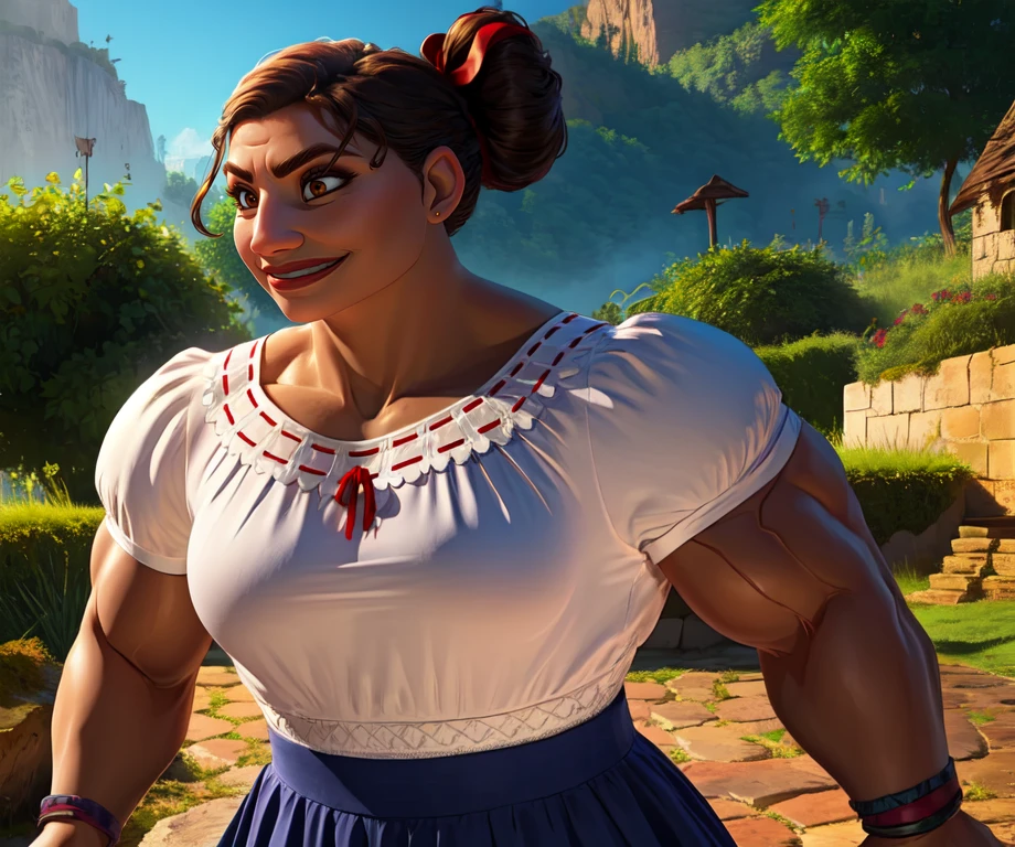 8K, (best quality:1.3), (masterpiece:1.3), (detailed:1.2), (3D:1.3), Portrait shot, fit outfit , naughty smile,  beautiful  woman, The pear-shaped figure  form body, Perm hairstyle, Dark Mocha haircolors, Violet eyes colors, Native American Chief/Warrior costume, fit, gentle, Studio shoot background, facing viewer, detailed,
natural volumetric lighting, studioligthing,