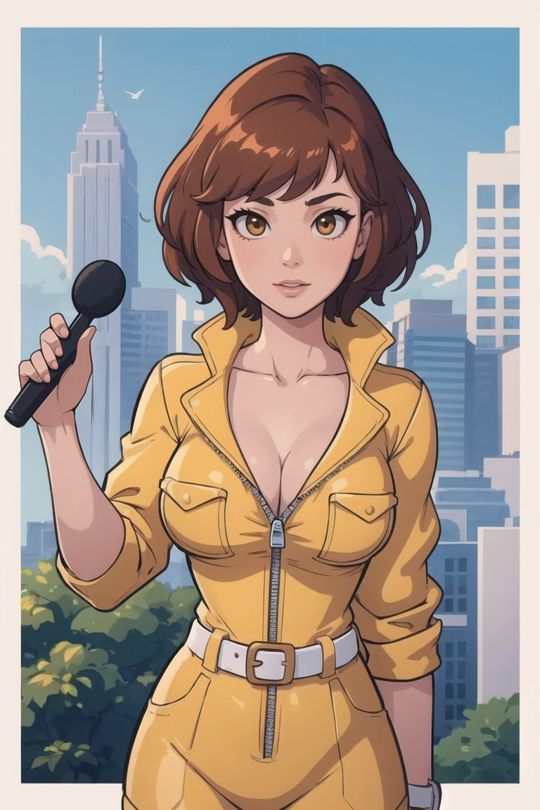 upper body,  
masterpiece, best quality, high quality, highres, outdoors, day,  looking at viewer, solo, focused, BREAK, 
CARTOON_April_ONeil_TMNT_ownwaifu, 
1girl, brown hair, short hair, breasts, brown eyes, large breasts, lips, makeup, collarbone, lipstick, 
cleavage, sleeves rolled up, yellow jumpsuit, watch, unzipped, zipper, white belt,
<lora:CARTOON_April_ONeil_TMNT_ownwaifu:1>