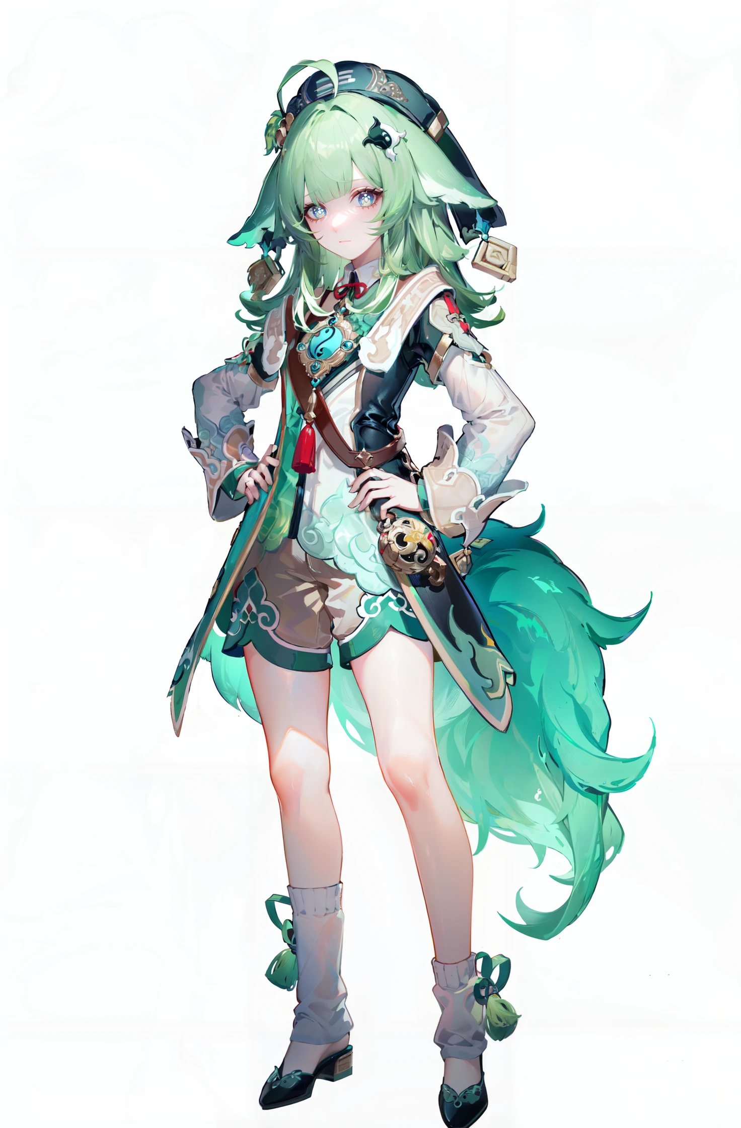 masterpiece, best quality,razor (genshin impact), long hair, 1boy, male focus, gloves, solo, red eyes, grey hair, green pants, boots, scar, scar on face, hood, closed mouth, pants, bangs, full body, hood up, hair between eyes, hand on hip, standing,(kbxll:0.6)