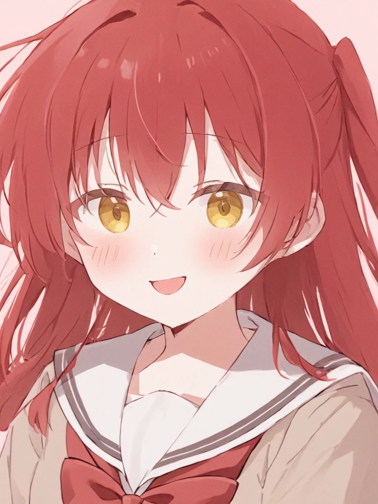 <lora:xiduo:1>,1girl,solo,red_hair,yellow_eyes,looking_at_viewer,long_hair,smile,blush,simple_background,school_uniform,upper_body,open_mouth,sailor_collar,bangs,bow,red_bow,long_sleeves,hair_between_eyes,one_side_up,white_sailor_collar,:d,shirt,