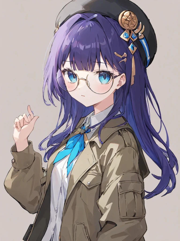 <lora:xl_peila girl2-000011:1>,peila girl,purple hair,blue eyes,glasses,beret,celestique\(hairdo)\,solo,safari jacket shirt,