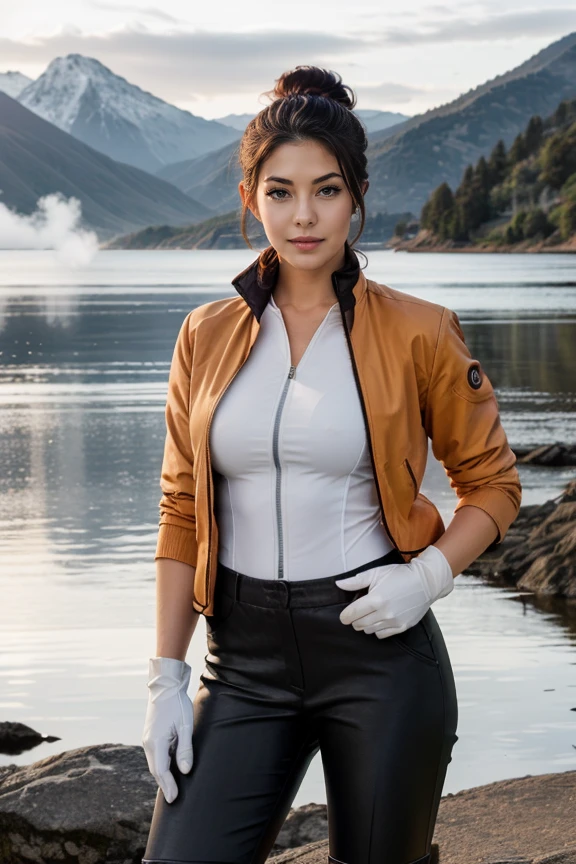 1 woman, detailed, realistic, standing, full body shot, Dawn, misty lakeside with a backdrop of mountains bathed in soft light.
<lora:Red Zip Elegance by Stable Yogi:0.8> orange jacket, black gloves, white pants, brown knee boots, zipper cleavage